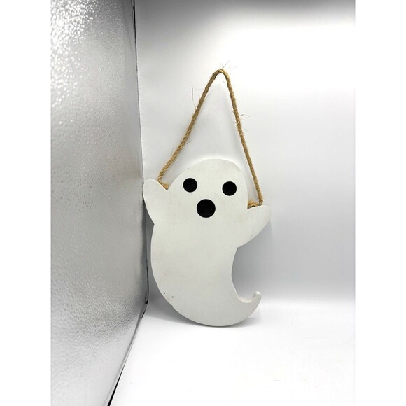 Handcrafted White Hanging Wood Halloween Ghost 11" X 8.75" X .75" - Picture 6 of 7